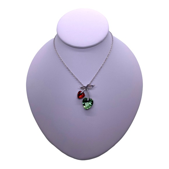 Imitation Red Green Cubic Zirconia Gemstone Cherry Cherries Heart Necklace - Picture 3 of 6